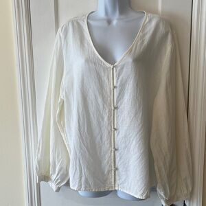 Laura Ashley Linen Cotton Blouse Women's XL Long Sleeves White Cottage Coastal